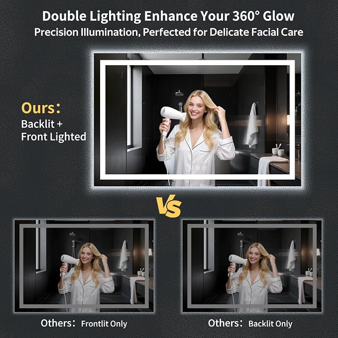 60"x40" LED Bathroom Mirror with Lights, Backlit + Front Lit with CRI>90, Lighted Mirror for Bathroom, Anti-Fog, Dimmable Brightness, 3 Colors, Memory Function, Shatterproof Tempered Glass