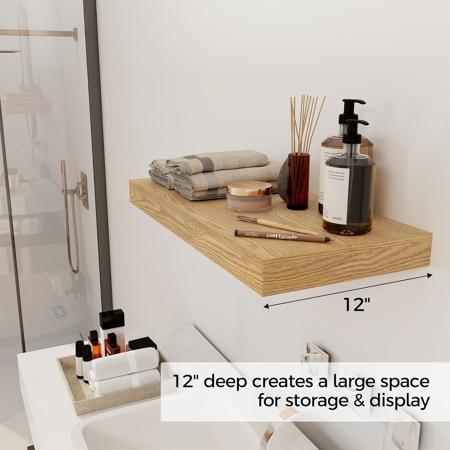 12 Inch Deep Floating Shelves, 24 x 12 Floating Shelf for Books, Rustic Wood Deep Wall Shelves for Home Storage & Display, 2" Thicked Shelves for Kitchen, Living Room, Bedroom, Oak Color, 2 Pack