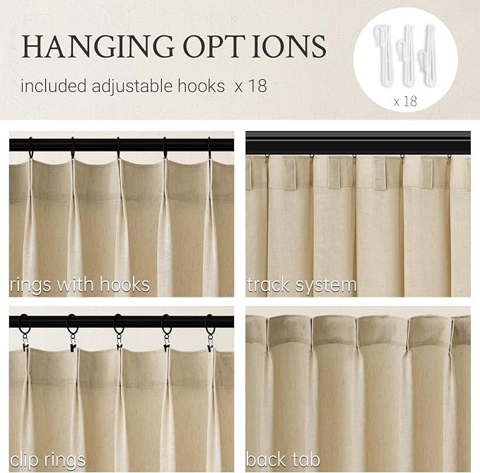 Topfinel 108 Inch Curtains 1 Panels Set,One Packs Pinch Pleat Back Tab Linen Window Semi Sheer Privacy Thick Decorative Curtain Drapes for Living Room Bedroom,72x108 in Long,Natural Linen