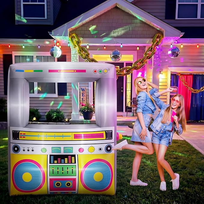 Soulchen 6 x 5 ft Inflatable Radio Boombox Decor with Built in LEDs Lighted and Air Blower, 80's 90's Party Decoration Blow up Giant Boombox for Hip Hop Birthday Disco Photo Props(Radio,Yellow)