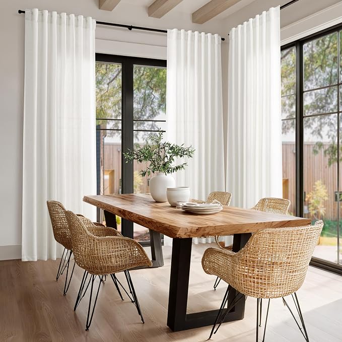 Nanspring Extra Long Beige White Curtains 108 Inch Length 2 Panels Set for Living Room Linen Semi Sheer Curtains Coastal Room Decor Floor to Ceiling Curtain for Bedroom Large Window 70x108