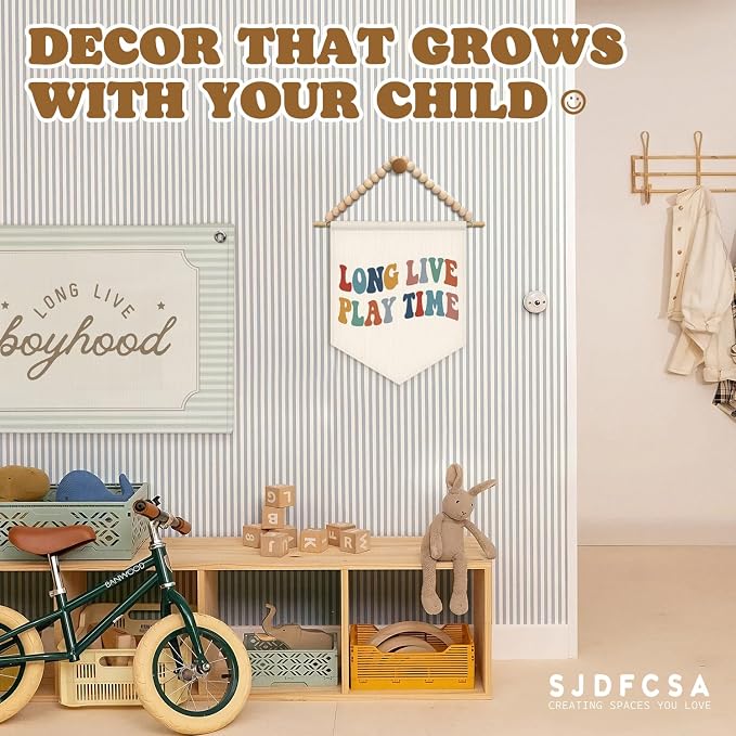 SJDFCSA Boho Kids Playroom Wall Art Decor, Kids Room Decor, Long Live Play Time Boho Nursery Wall Hanging Display Pennant Flag for Boys Nursery Toddler Room Bedroom Playroom