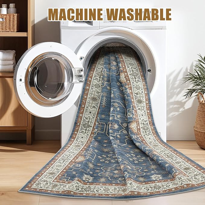 10x12 Area Rug for Living Room- Machine Washable Soft Oriental Vintage Large Indoor Floor Carpet for Bedroom Under Dining Table Home Office Decor - Dark Blue
