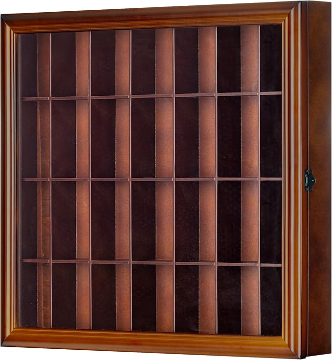 Gallery Solutions - 18x16 Shot Glass Collection - Walnut Collectable Display Case - Hinged Front - 28 Display Slots for Shot Glasses - Bar, Home, Office Accessories