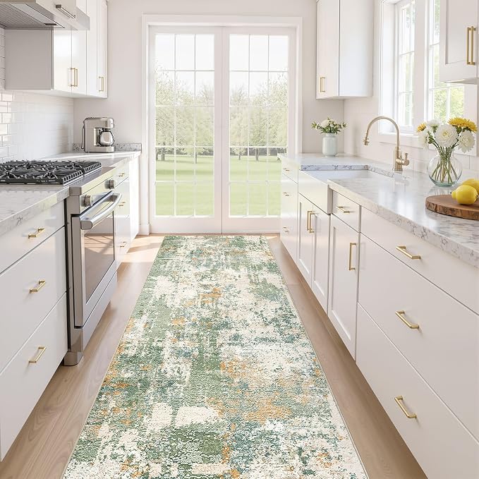 Runner Rug Kitchen Washable Rugs: 2x10 Non-Slip Abstract Soft Modern Stain Resistant Indoor Floor Neutral Accent Throw Carpet for Hallway Bathroom Laundry Room Entryway Bedroom- Green