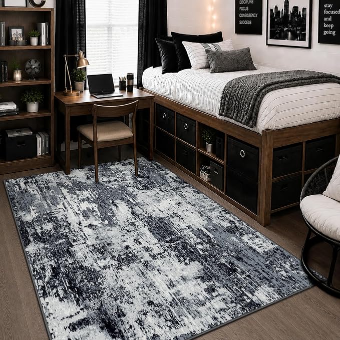 RELEANY Washable Area Rugs 4'x6' Non-Slip Modern Abstract Soft for Living Room Entryway Bedroom Kitchen, Print Pattern, Black Navy Blue Gray