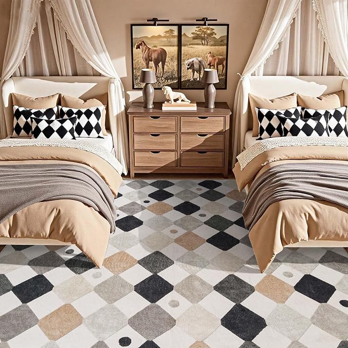 jinchan Macy 8x10 Kids Area Rug for Classroom Black and White Modern Colorful Nursery Rug Checkered Diamond Play Mat Washable Soft Non Slip Carpet for Playroom Living Room Bedroom Marble on Cream