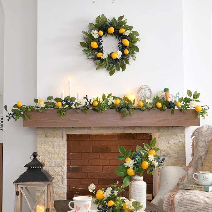 Valery Madelyn 6ft Artificial Lemon Garland for Mantel Summer Decor(Thin) | Faux Lemons Eucalyptus & Blueberry Summer Garland with Lights for Stairs Table Fireplace Farmhouse Kitchen Home Decor