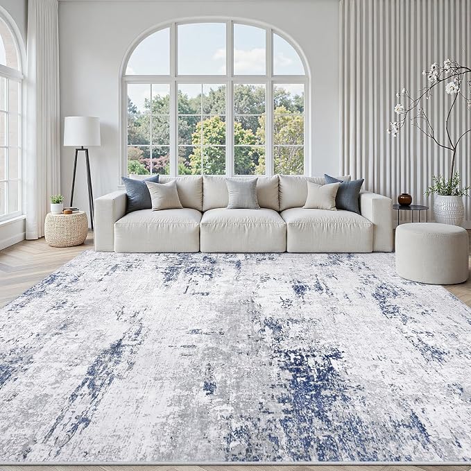 Area Rugs 9x12 Living Room: Large Modern Abstract Washable Rug Soft Indoor Anti Slip Carpet for Under Dining Table Bedroom Nursery Home Office Night Blue Grey