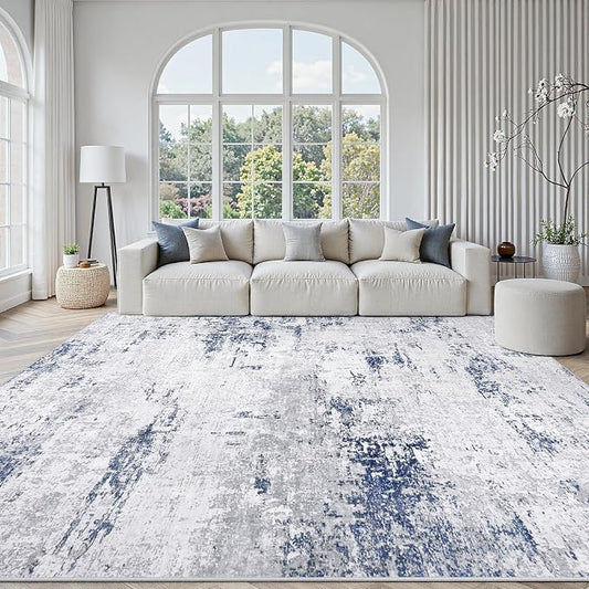 Area Rugs 9x12 Living Room: Large Modern Abstract Washable Rug Soft Indoor Anti Slip Carpet for Under Dining Table Bedroom Nursery Home Office Night Blue Grey