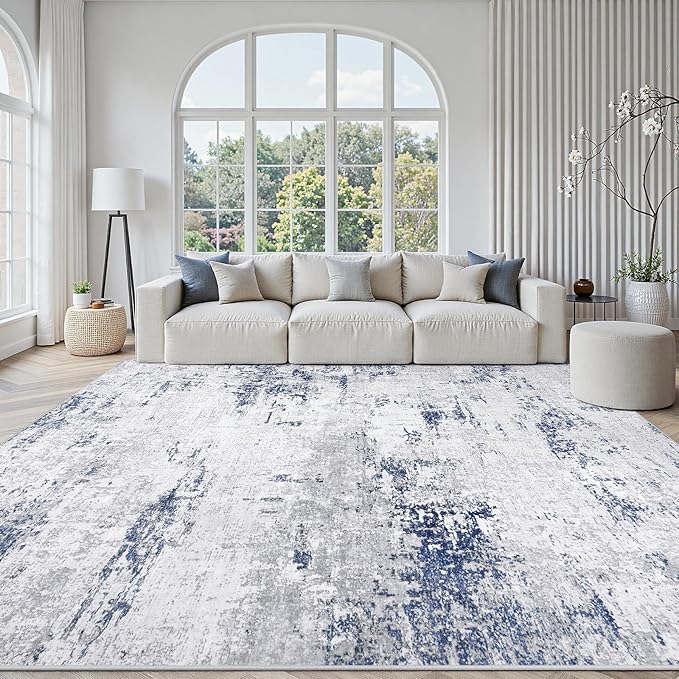 Area Rugs 10x14 Living Room: Large Modern Abstract Washable Rug Soft Anti-Skid Non-Shedding Carpet Indoor Floor Thin Carpets for Bedroom Dining Room Farmhouse Nursery Home Office Night Blue Grey