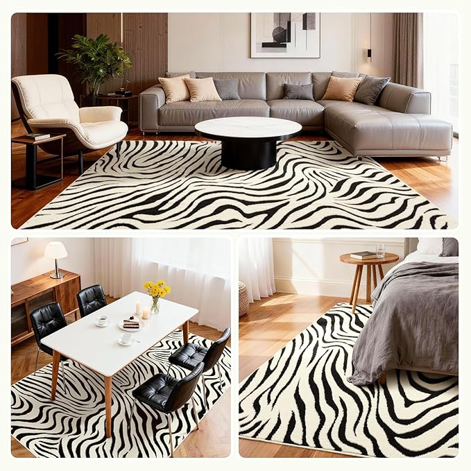 YIHOUSE 9×12 Ft Area Rugs for Living Room: Modern Washable Rug - Abstract Black and Cream White Rug for Bedroom Dining Room Office Playroom Nursery Home Decor - Nonslip Non-Shedding Striped Rugs