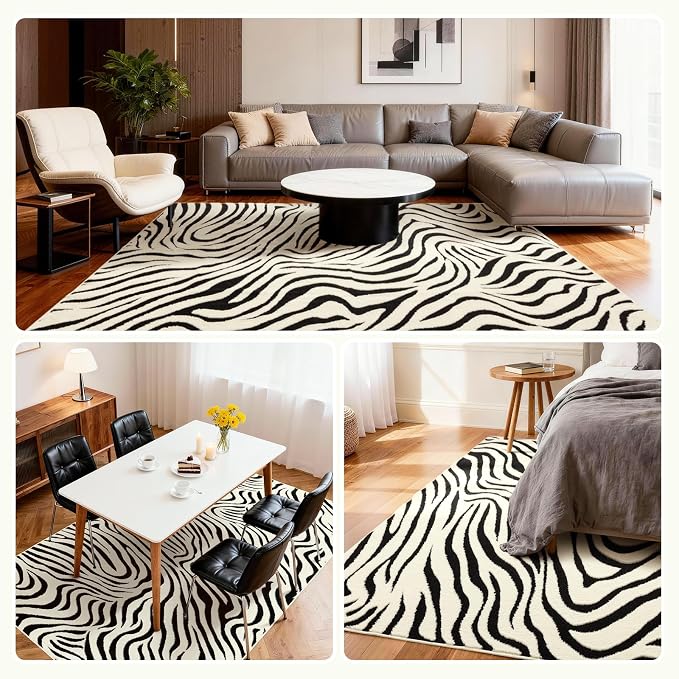 YIHOUSE 8×10 Ft Area Rugs for Living Room: Modern Washable Rug - Abstract Black and Cream White Rug for Bedroom Dining Room Office Playroom Nursery Home Decor - Nonslip Non-Shedding Striped Rugs