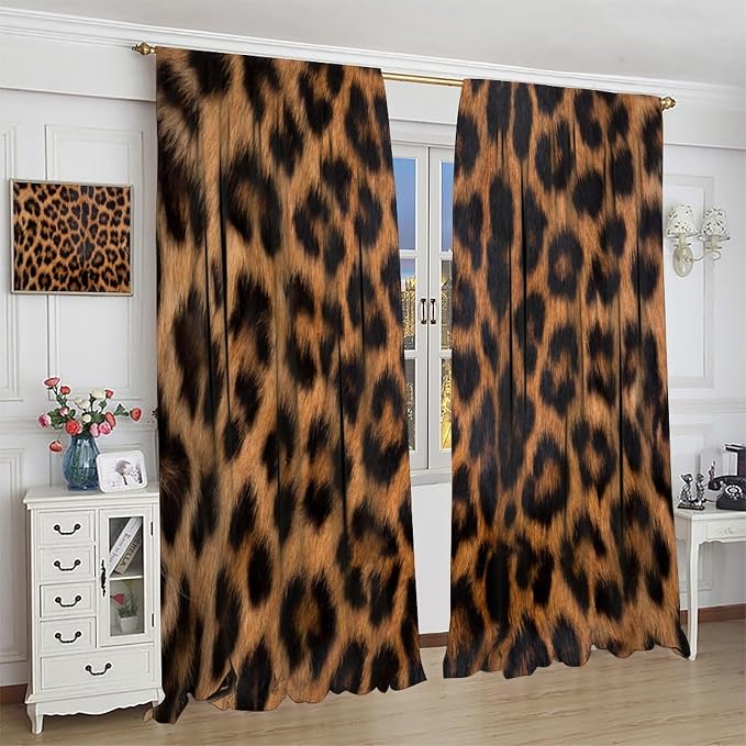 Leopard Print Blackout Curtain, Black Brown Fur Leopard Print Wild Animal Skin Drapes, Window Treatments Rod Pocket 2 Panels Curtains for Living Room Bedroom Cafe Office Decor 52" W X 84" L
