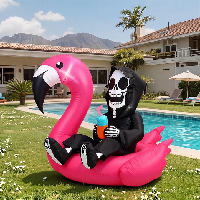 Jenaai 4 ft Summer Halloween Inflatable Decorations Blow up Yard Death Decors with LED Lights Death Figure Flamingo for Holiday Summer Halloween Party