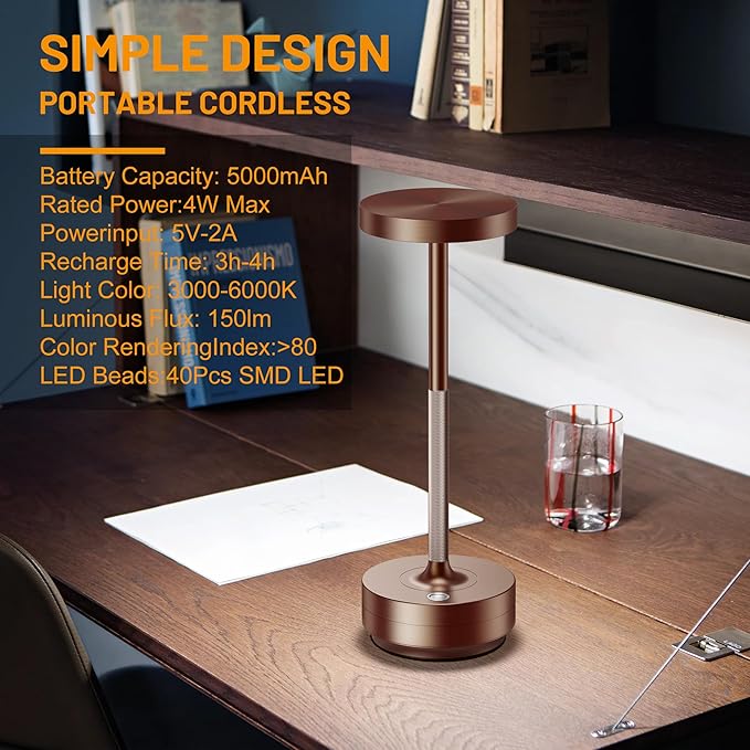 SAKRINGT 2 Pack Rechargeable Cordless Table Lamp - Battery Operated LED Portable Table Light with 3 Color Stepless Dimming, Memory Function - IP54 Waterproof for Outdoor, Restaurant, Patio, Camping