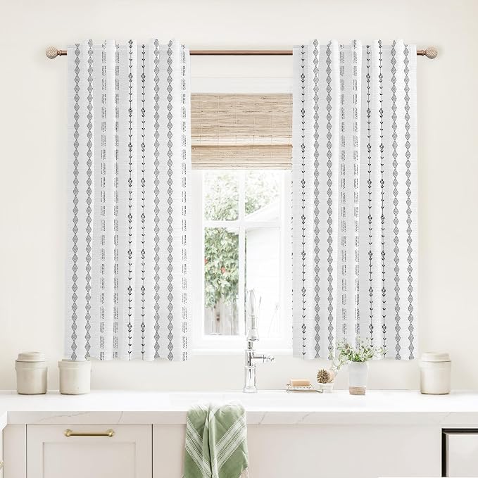 Lino Rosa Bathroom Curtains Window,Black and White Boho Decorative Privacy Sheer Short Curtain for Bedroom 45 Inch Length