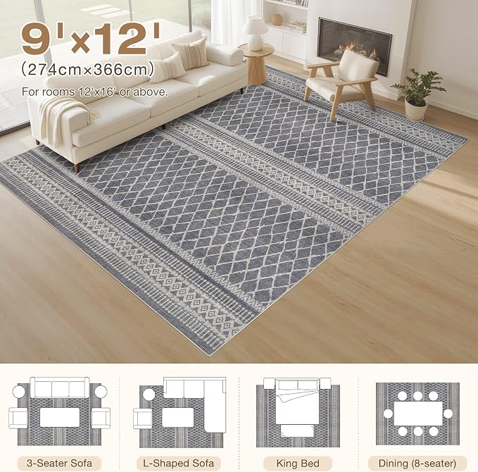 cotiled 9x12 Area Rugs Living Room Rug: Washable Boho Rugs with Non Slip Backing Large Soft Indoor Stain Resistant Carpet for Bedroom Farmhouse Dining Room Lightweight Home Decor Charcoal Grey