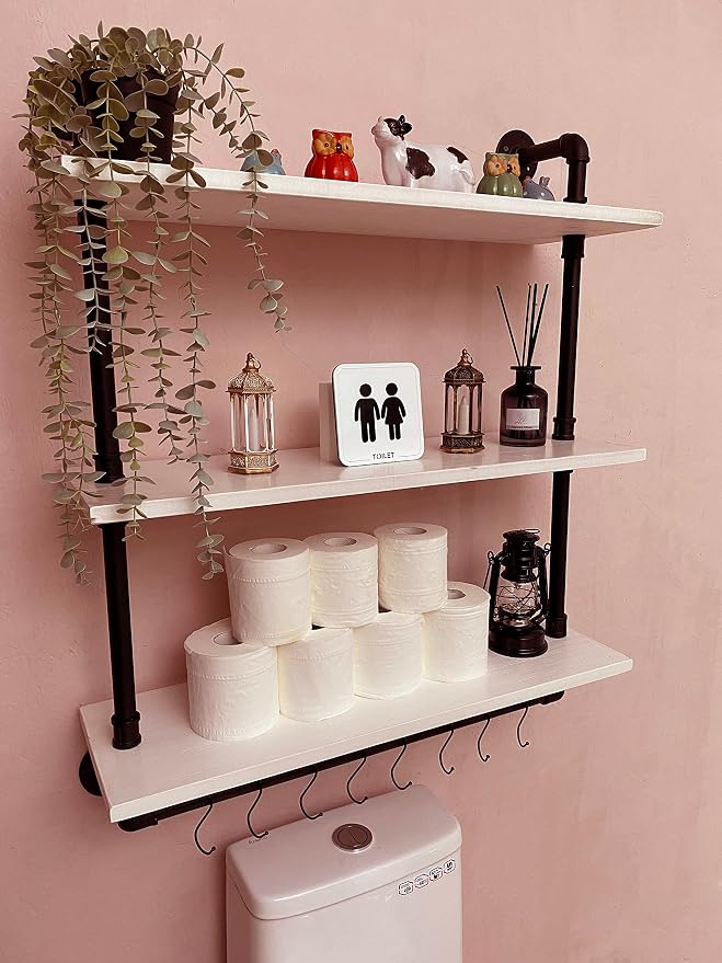 30 inch Retro White Rustic Bathroom Shelves Farmhouse Pipe Wall Shelves | Industrial Pipe Shelving Floating Shelves with Towel Rack for Kitchen Storage,Living Room,Bedroom