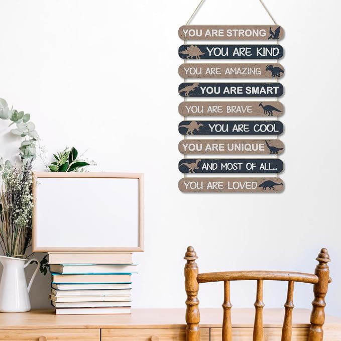 MONALET Vintage Dinosaur Inspirational Wall Decor for Boys Kids Room Playroom Nursery Classroom, You Are Loved Hanging Wooden Signs Decorations, Positive Affirmations Wall Art Wood Plaque 9Pcs 12x19