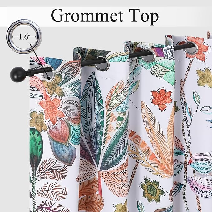 Estelar Textiler Maple Leaves Room Darkening Boho Curtains 84 inch Length 2 Panels Set for Living Room, Watercolor Leaf Pattern Design Grommet Window Floral Drapes for Bedroom, 52Wx84L