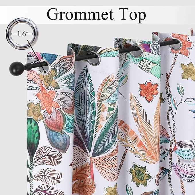 Estelar Textiler Blackout Curtains 63 Inches Long for Living Room,Colorful Leaves Print Thermal Curtainsfor Bedroom，Farmhouse Leaf Grommet Curtains Home Decoration,Set of 2 Panels,52Wx63L