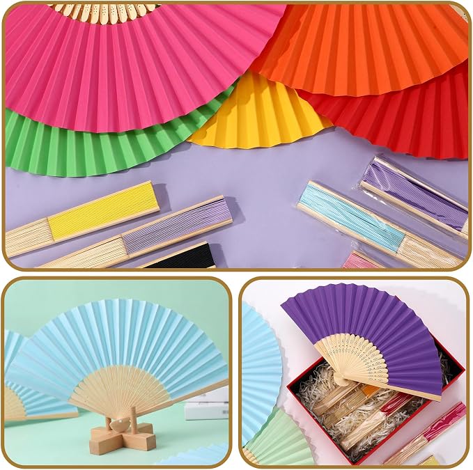 Qunclay 150 Pcs Bright Color Paper Hand Fans Bulk Bamboo Folding Handheld Wedding Fans for Bridal Dancing Party Favors Church Home Decoration Gift DIY Supplies Stage Props in OPP Individual Package