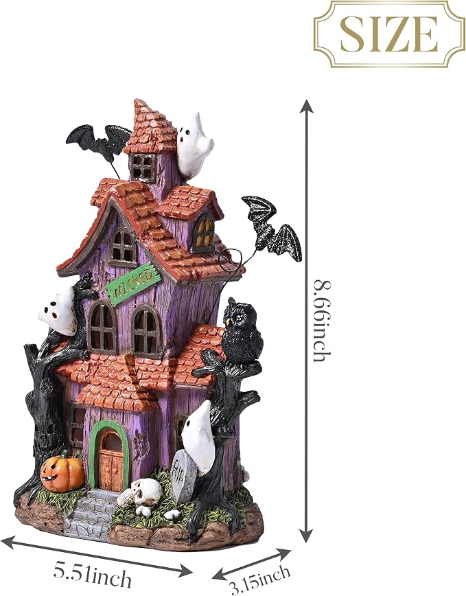 Valery Madelyn Halloween Decorations, Lighted Halloween Village Houses with LED Lights, Resin Spooky Town Happy Haunted House for Home and Party Table Desk Mantel, 9 Inch