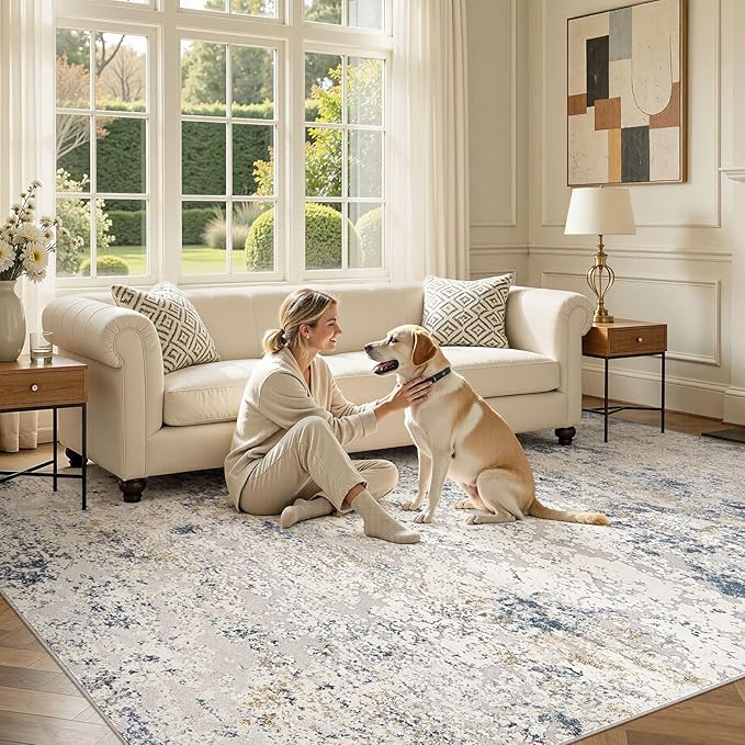 DMOYEST Area Rug Living Room Rugs - 7x9 Large Soft Indoor Neutral Modern Abstract Low Pile Washable Rug Carpet for Bedroom Dining Room Farmhouse Home Office - Beige Blue
