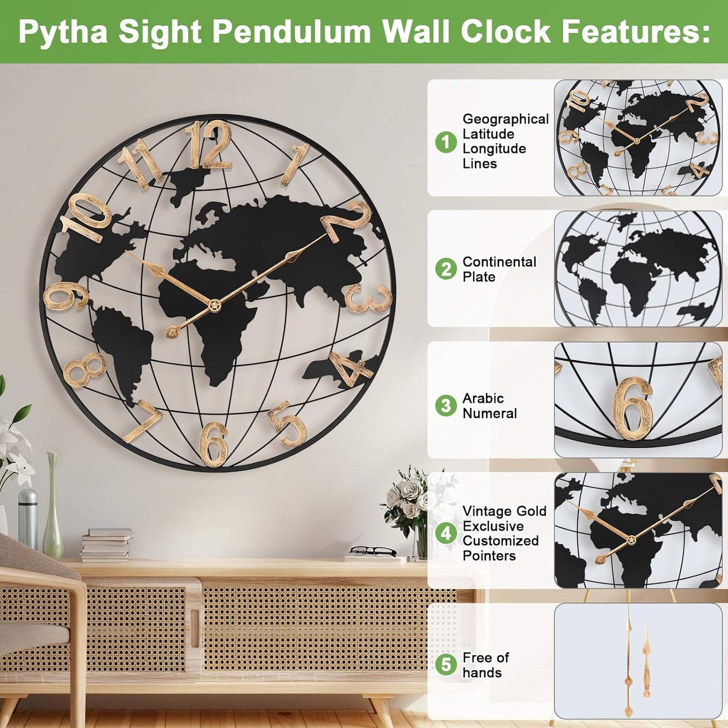 20 Inch Large Wall Clock for Living Room Decor,Big Modern Decorative Silent Metal World Map Wall Clock with Vintage Gold Arabic Numeral for Office,Living Room,Kitchen,Dining Room