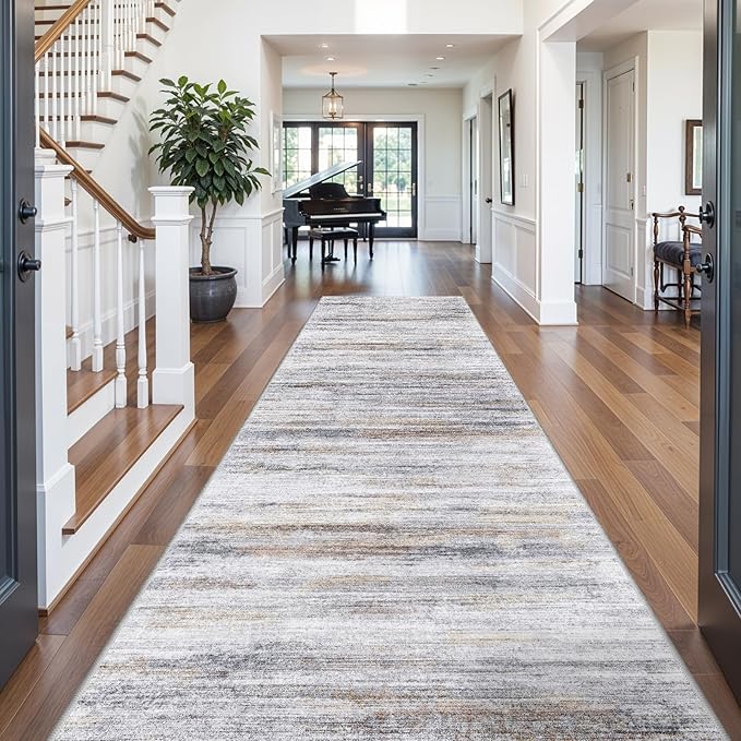 Large Runner Rugs for Hallway 4x20: Non-Slip Washable Wide Carpet - Soft Low-Pile Stain and Spill Resistant Rug for Entryway Living Room Dining Room Balcony Garage Office Beige Grey