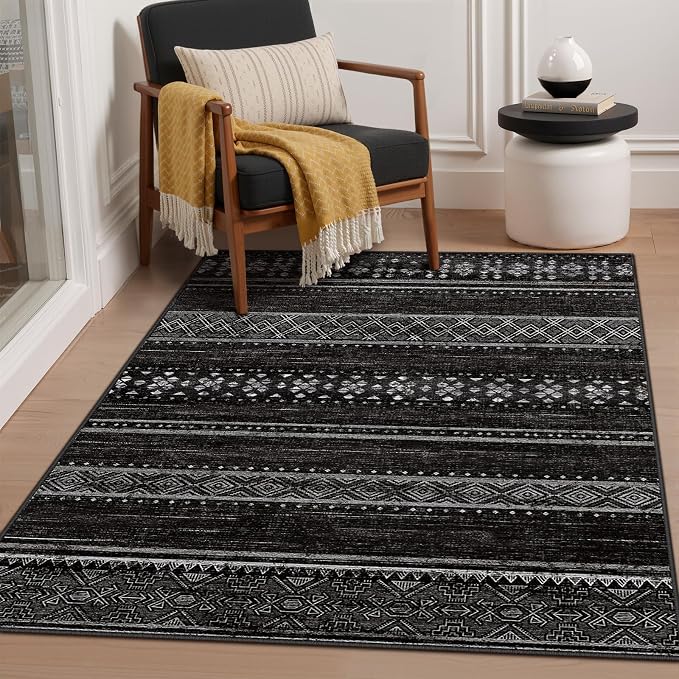 BESTSWEETIE 3x5 Area Rugs for Living Room Washable Moroccan Farmhouse Neutral Geometric Low Pile Non-Slip Soft Print Pattern Rug for Bedroom Kitchen Dining Room Entryway Black/White
