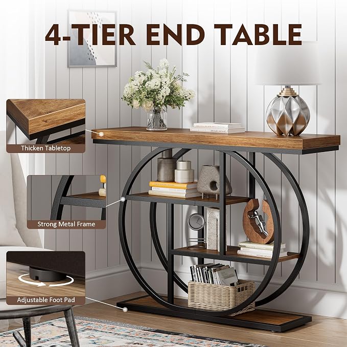 41.3" Console Table, Modern Sofa Table with Circle Base, 4-Tier Narrow Entryway Table for Hallway, Slim Industrial Accent Table with Storage Shelves for Living Room, Rustic Brown
