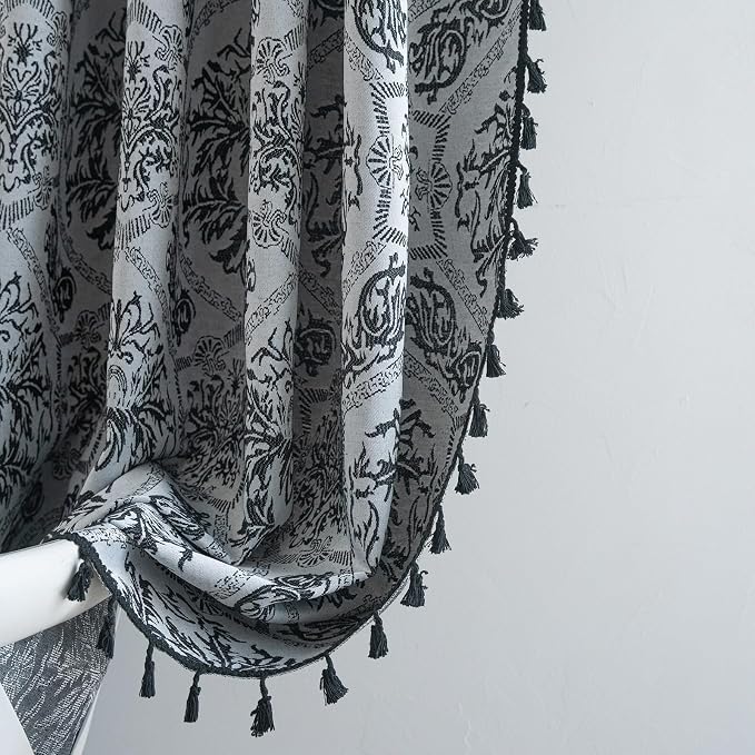 ENJOYBRIDAL Black Damask Curtains 63 Inch Long Semi Sheer Rod Pocket Drapes Bedroom Living Room 2 Panels Short Window Curtain Panels Boho Jacquard Medallion Pattern Light Filtering Window Treatments
