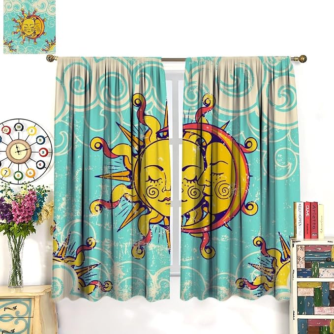 Retro Bohemian Sun Moon Blackout Curtains, Boho Sun Moon Stars Art Rustic Farmhouse Window Drapes, for Living Room Bedroom 42x54in 2 Panels