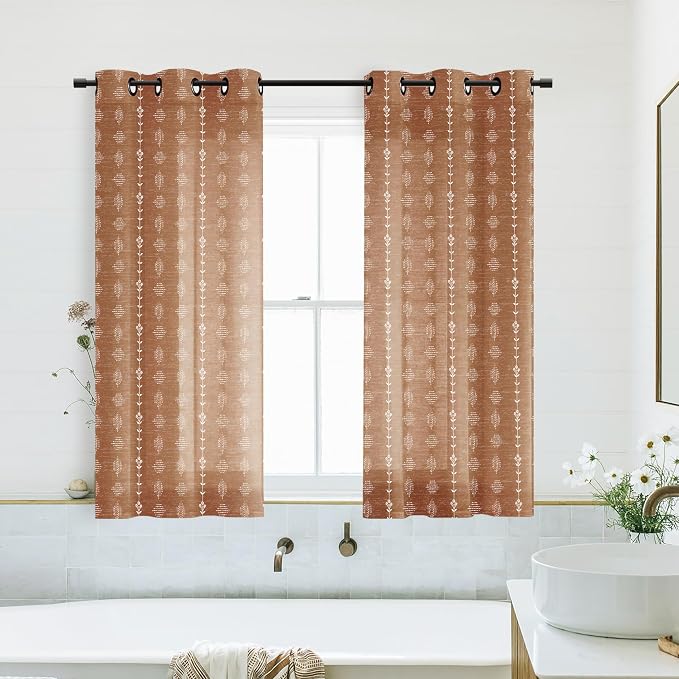 Lino Rosa 54 Inch Short Boho Curtains, Semi Sheer Linen Floral Pattern Drapes for Bedroom Kitchen Window 2 Panel Set 36x54 in Length
