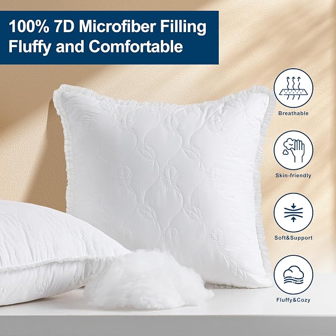 18 x 18 Throw Pillow Inserts with Lace Edge - Soft and Fluffy, Breathable Quilted Cotton Fabric - Decorative Pillows for Couch Sofa Bed, White, Pack of 2