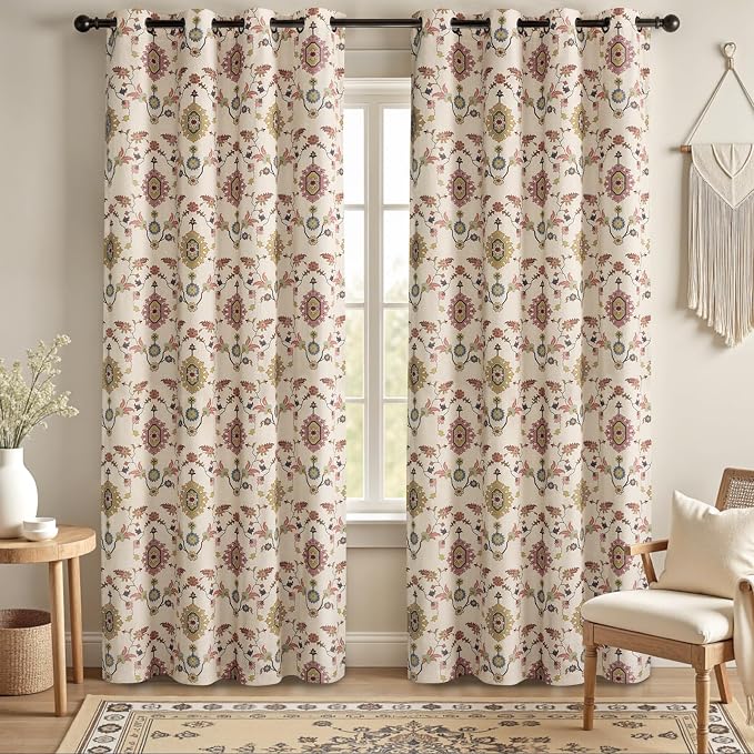 Boho Floral Blackout Curtains for Living Room, Beige Linen Textured Drapes with Colorful Bohemian Print 84 Inches Long 2 Panels Set Vintage Farmhouse Rustic Window Curtains Grommet Top