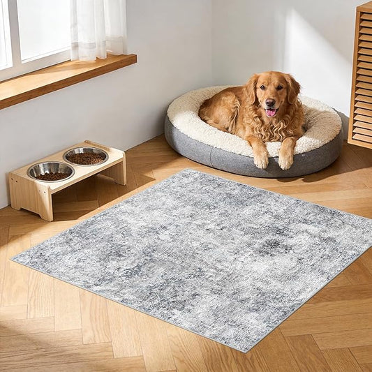 3 Square Area Rug: Washable Low Pile Carpet with Non Slip Backing Pet Friendly Rug for Living Room Bedroom Dining Room Durable Floor Mat for Homes with Kids Or Elderly (Blue Gray,3x3)