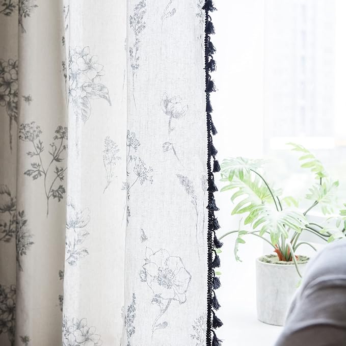 Sutuo Home Boho Curtain with Handmade Tassels, Rod Pocket Window Treatment Vintage Rustic Bohemian French Farmhouse Semi-Blackout Print Drape for Bedroom, 1 Panel 59" W x 84" L,Grey Floral