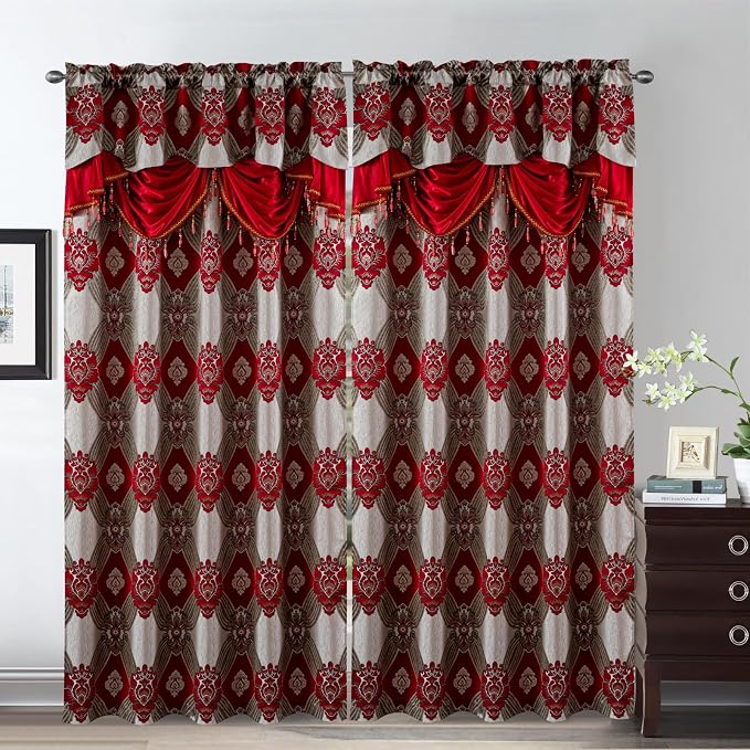 Petrichor Elegant Curtains with Gold Silver Threads 2 Panels Set - Luxury Window Treatment Attached Valance, Sheer Backing, and 2 Tie Backs for Bedroom and Living Room, 54x63 inches, Red