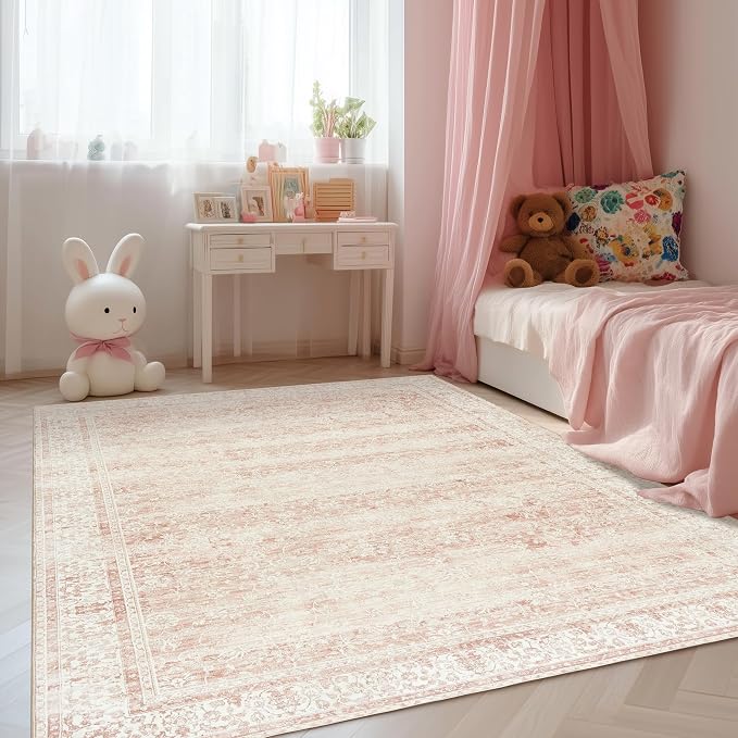 BILEEHOME Vintage Pink Rug 4x6 Washable Non Slip Floral Aesthetic Indoor Rugs for Entryway Kitchen Low Pile Carpet for Laundry Room Bathroom Front Door Mat for Entrance 4 x 6