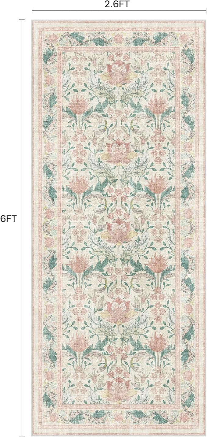 Bavni 2'6''x6 Runner Rug,Microfiber Washable Non-Slip Vintage Floral Rugs,Low Pile Lightweight Carpet for Bedroom,Hallway,Entryway,Kitchen,Bathroom, Beige&Pink