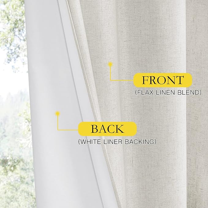 NICETOWN 100% Absolutely Blackout Linen Curtains with Thermal Insulated White Liner, Ivory, W62, 2 Pieces, Noise Reducing Textured Linen Look Curtains for Windows 95 inch Length for Classroom