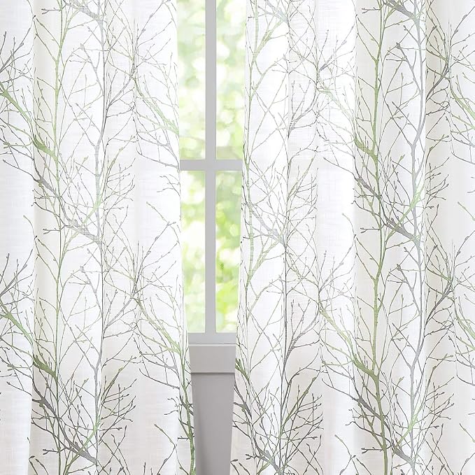 FMFUNCTEX Linen Semi Sheer Curtains for Bedroom, Sage Green White Curtains 45 Inches Long for Living Room, Grey Tree Branch Print Curtain Light Filtering Kitchen Window Drapes, Grommet Top 2 Panels