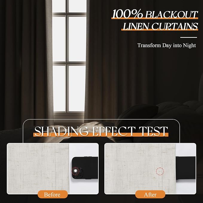 Jowels Cream Linen Blackout Curtains for Bedroom with White Liner, Thick Layers Total Blackout Thermal Insulated Grommet Window Curtains 100 Inch Length 2 Panels Set (42 x 100 Inch)