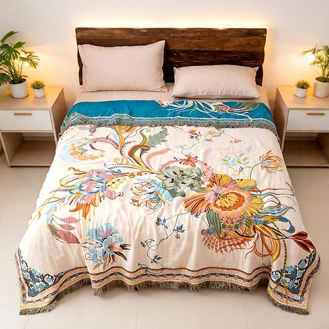 Ownkoti Throw Blanket for Bed, 90"x 90" Quilted Cotton Blanket Reversible Cover for Sofa Chair (Plume)