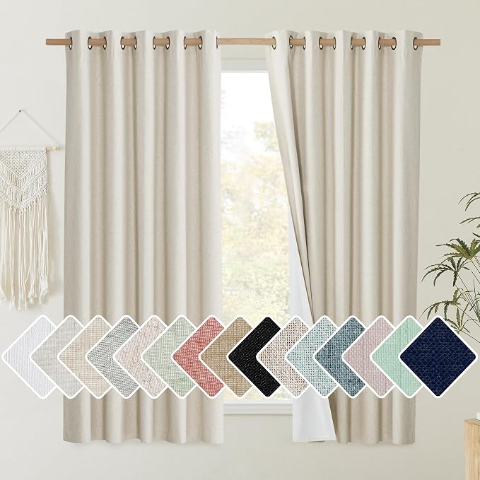 NICETOWN Natural 100% Blackout Short Curtains 63 inches Lenghth Burg for Kitchen, 2 Panels, Burlap Linen Drapes with Thermal Insulated White Liner, Keeping Out Cold Air and Heat Panels