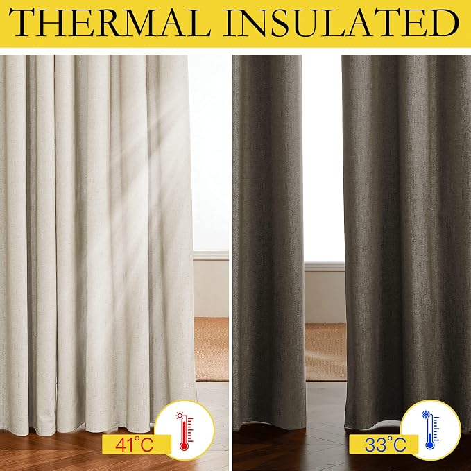 NICETOWN 100% Absolutely Blackout Linen Curtains with Thermal Insulated White Liner, 52" W, 2 PCs, Beige, 95" Long Drapes Sweep The Floor Decorative Keep Privacy Panels for Living Room/Villa/Bedroom