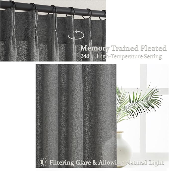 Dark Gray Sheer 90 Inches Long Bedroom Curtains 2 Panels Set, Pinch Pleated Faux Linen Semi Through Privacy Sheer Curtain That Let Light in Dining Room Charcoal Grey 7-1/2 FT Luxury Drapes Hooks Rings